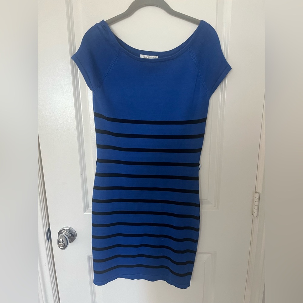 COOL ATTITUDE Royal Blue Black Stripe Short Sleeve Belted Knit Dress L